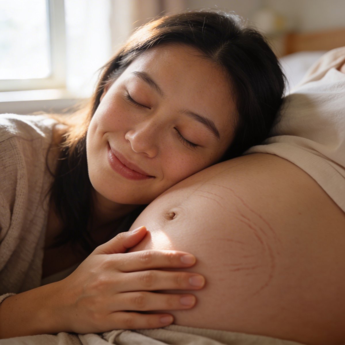 Raskaana oleva nainen intiimissä hetkessä pehmeässä luonnonvalossa