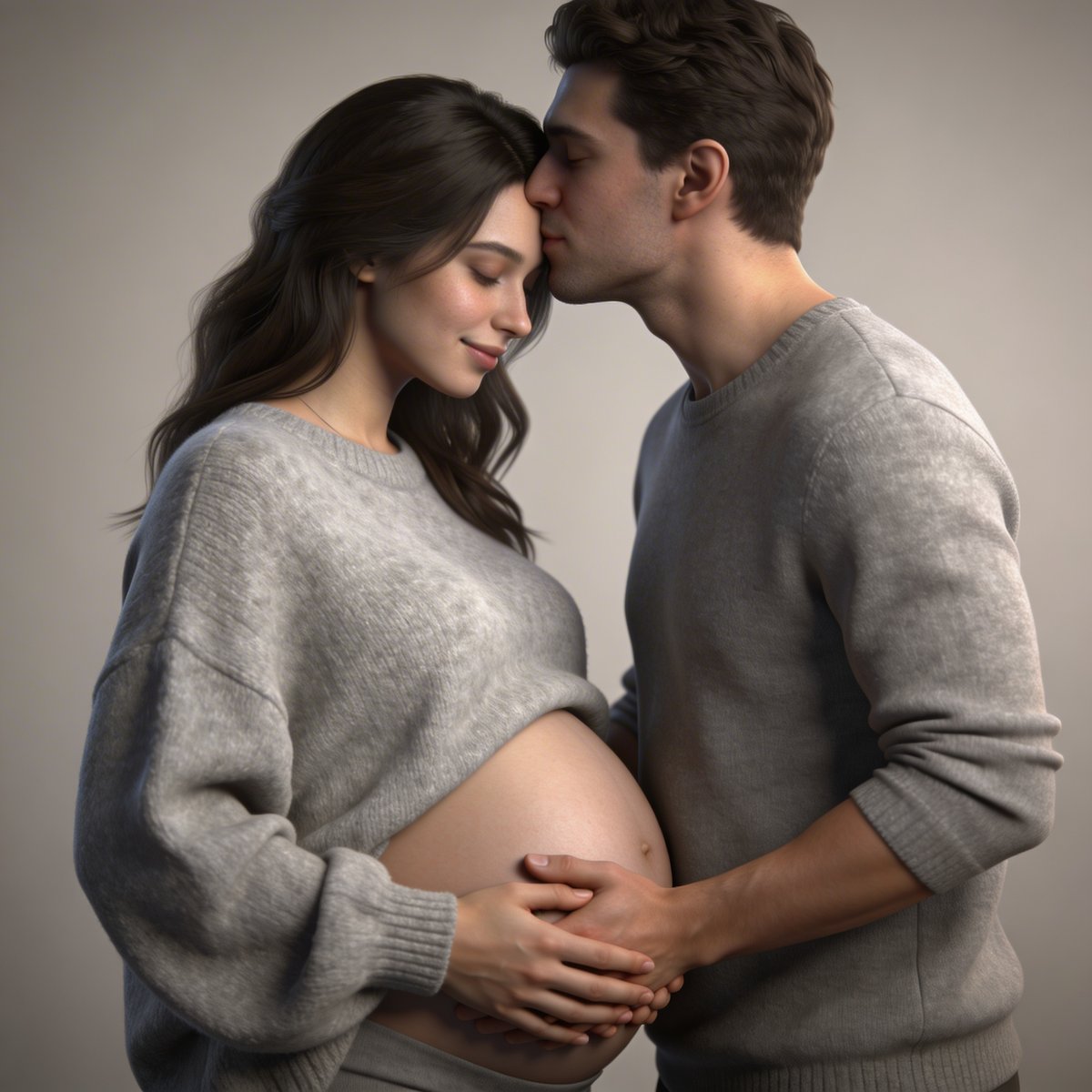 Erilaisia klassisia asentoja raskausvalokuvaukseen: sivusta, kädet vatsalla, pariskuntana