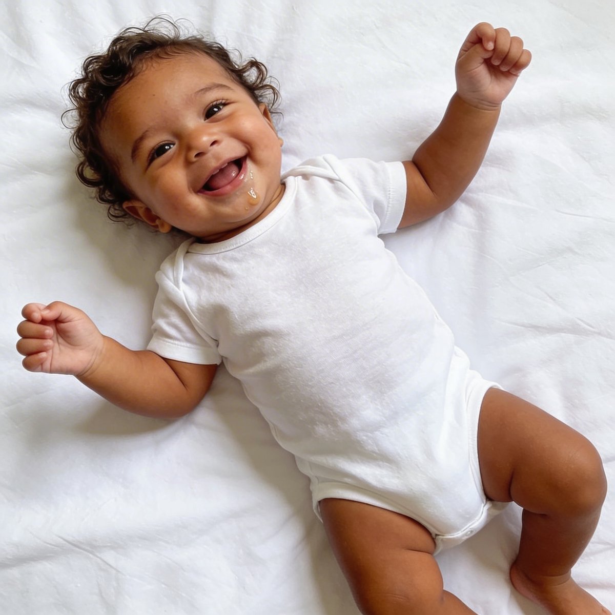 2–3 kuukauden ikäinen vauva selällään leveä hymy hereilläolo-tilassa