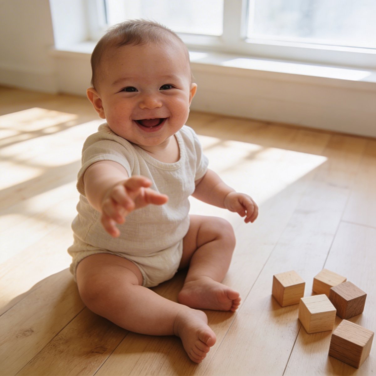 6–9 kuukauden ikäinen vauva istumassa itsenäisesti leveä hymy kuvauksen aikana